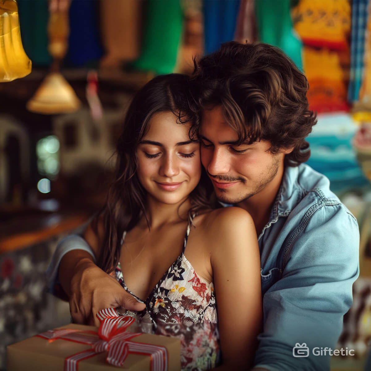 Romantic couple exchanging a private gift wrapped with a red ribbon — representing [APP_NAME]’s intimate wishlist platform where couples can save, organize, and manage personal gift ideas securely.