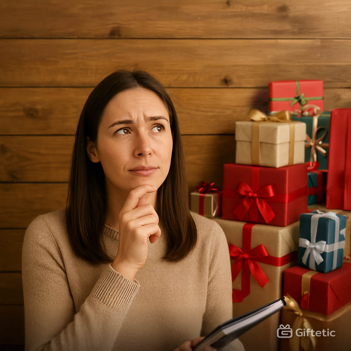 Thoughtful woman sitting beside a tall stack of wrapped gift boxes, symbolizing modern gift etiquette and questions about wishlist expectations — representing [APP_NAME]’s blog article “Are People Obligated to Buy From My Wishlist? Modern Gift Etiquette and Expectations
