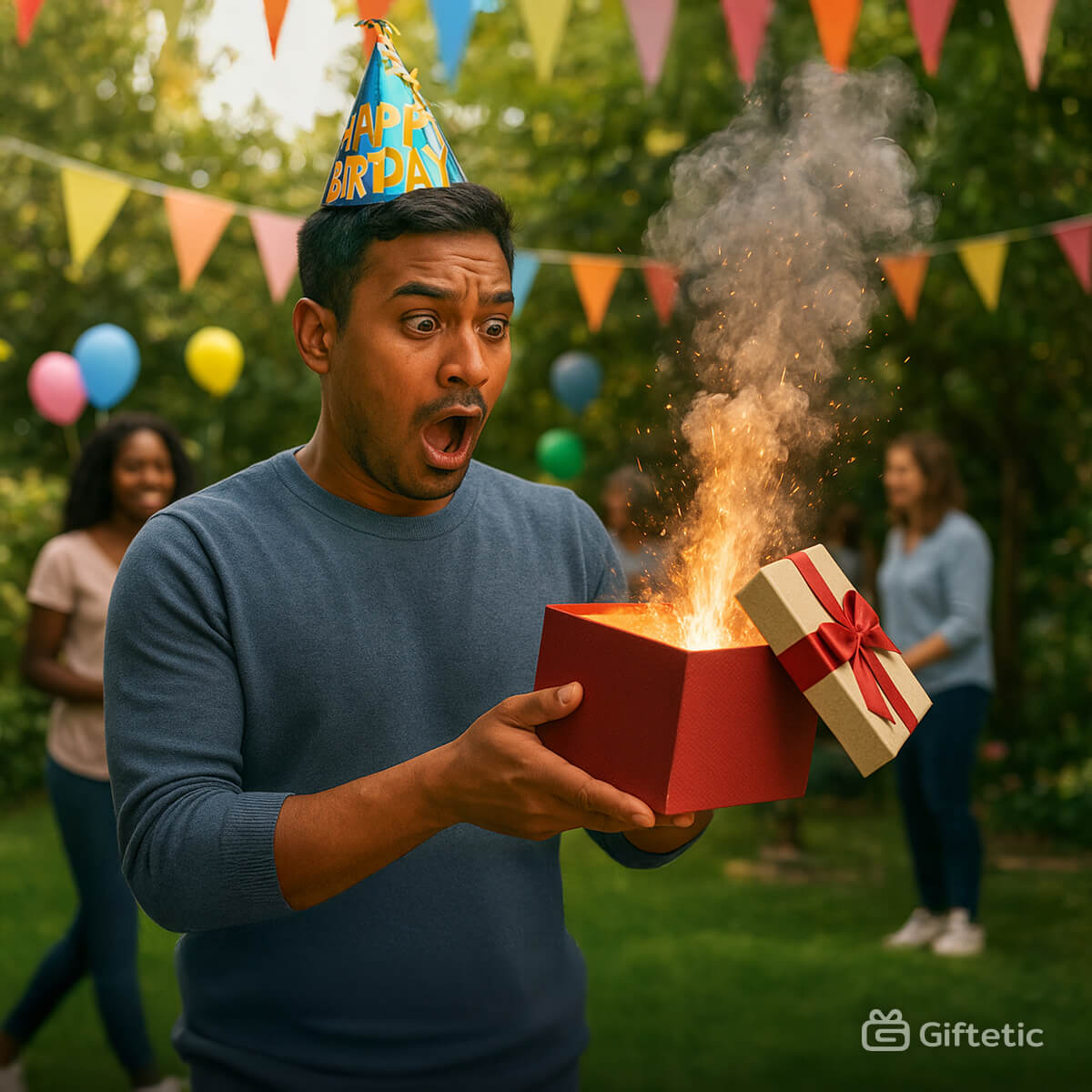 Man opening a birthday gift box that explodes with sparks at a garden party — representing gifting mistakes that can damage relationships, featured in [APP_NAME]’s blog on common gift-giving errors and how to fix them.