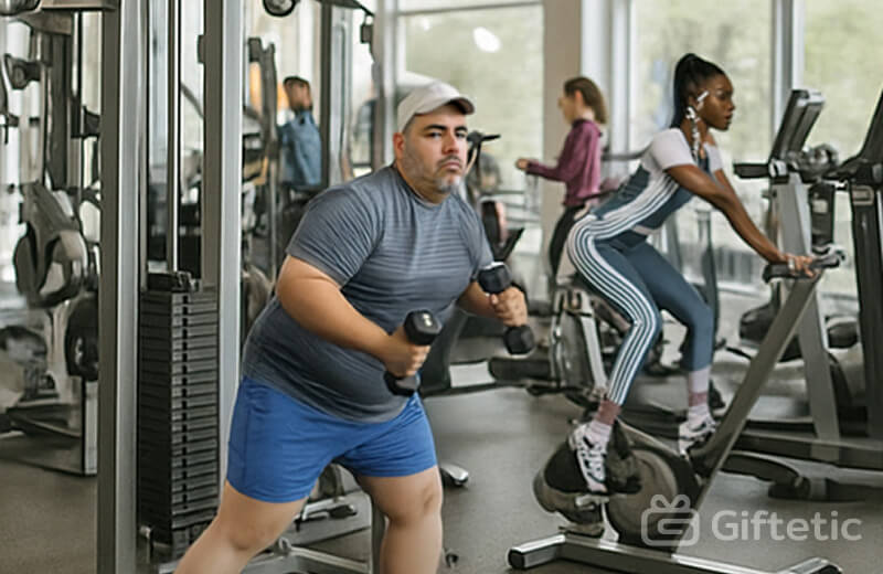 Man lifting dumbbells at the gym — why giving a gym membership as a gift can send the wrong message.