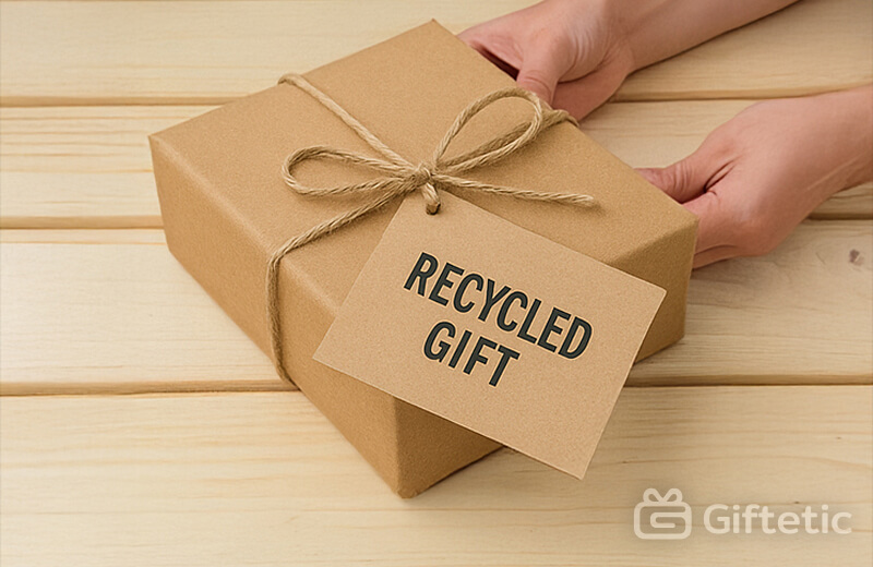 Wrapped box with tag labeled “Recycled Gift” — regifting mistake that damages relationships.