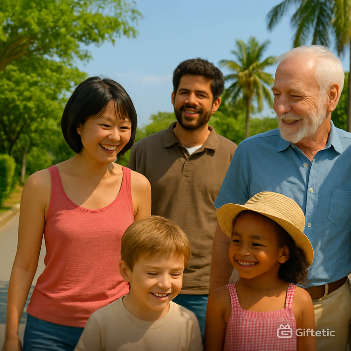 A cinematic photo of a diverse, multigenerational group — two smiling children, two young adults, and an elderly man — walking outdoors together at sunset. Their joyful expressions and natural interactions capture the emotional warmth and human connection that thoughtful gifting can inspire across backgrounds and generations.