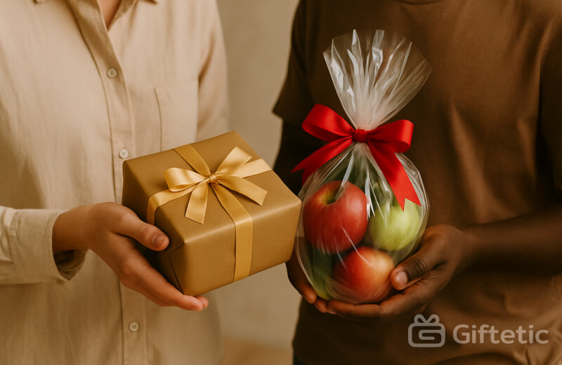 Two people exchanging gifts — one holding a gold-wrapped box and the other offering apples in a transparent gift bag with a red ribbon