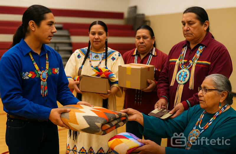 Five Lakota individuals in traditional attire participate in a Give-Away ceremony inside a gymnasium. One person in a blue shirt hands a folded patterned blanket to an elder woman seated in front, who also holds a colorful fabric bundle. Behind them, others hold cardboard boxes and gifts, wearing beaded necklaces and clothing that reflect their cultural heritage. The setting transforms a modern indoor space into a meaningful celebration of generosity and community.