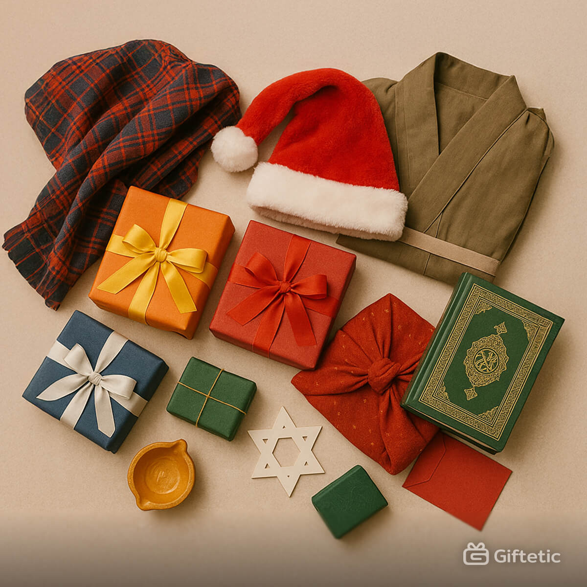 A flat lay of symbolic holiday items and gift boxes representing global gift-giving traditions. Visible are a red Santa hat, wrapped presents with colorful ribbons, a green Quran, a red knotted Korean-style wrapping cloth, a Star of David ornament, a diya (oil lamp), a plaid cloth, and a folded robe. This diverse mix reflects cultural and religious holidays such as Christmas, Eid, Hanukkah, Diwali, and Seollal, aligning with the Giftetic blog theme on global gift-giving traditions.