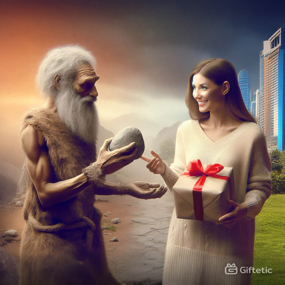 Prehistoric man offering a stone to a modern woman holding a wrapped gift, symbolizing the evolution of gift-giving from ancient times to today — featured in Giftetic's blog article 'Why Do We Give Gifts? The Origins, Evolution, and Meaning Behind Gift-Giving'