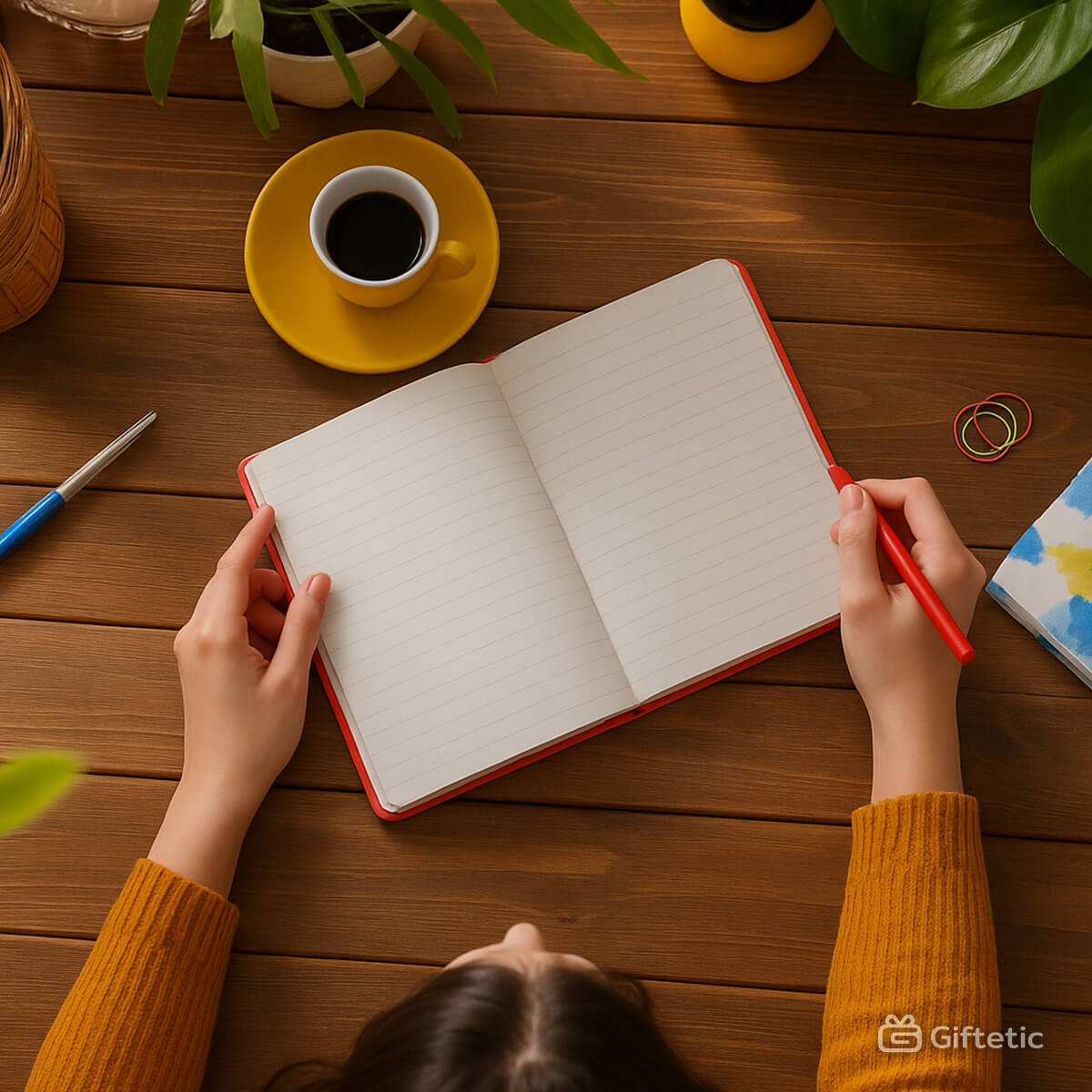 A person writing in a notebook with a coffee cup nearby, symbolizing the process of filling up a personal gift wishlist (or wish list). Thoughtfully jot down your dream gifts and make gifting easier for everyone!