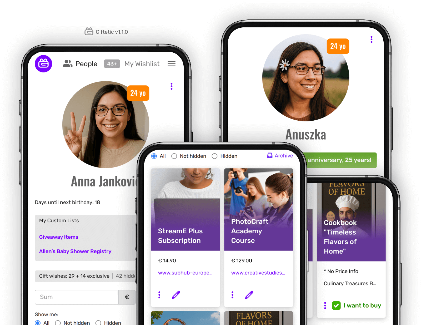 Mobile screens showing Giftetic’s wish list features, including user profiles, upcoming birthdays, gift lists, personalization, and items with prices and purchase options.