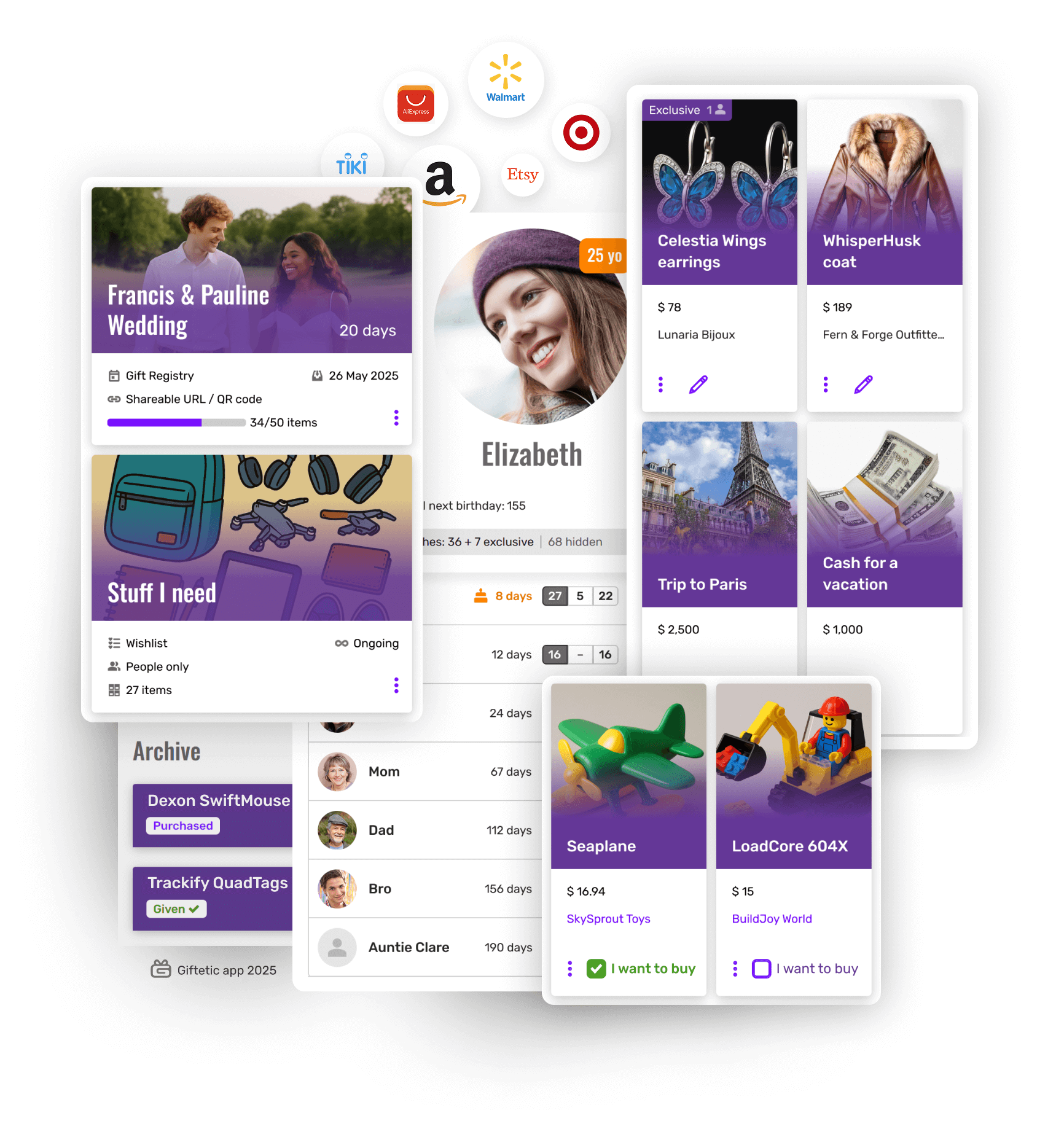 Giftetic interface showing a personal wishlist, a contact’s wishlist, gift reservations, birthday countdowns, multi-store gift ideas, gift registry, and a history of given items.