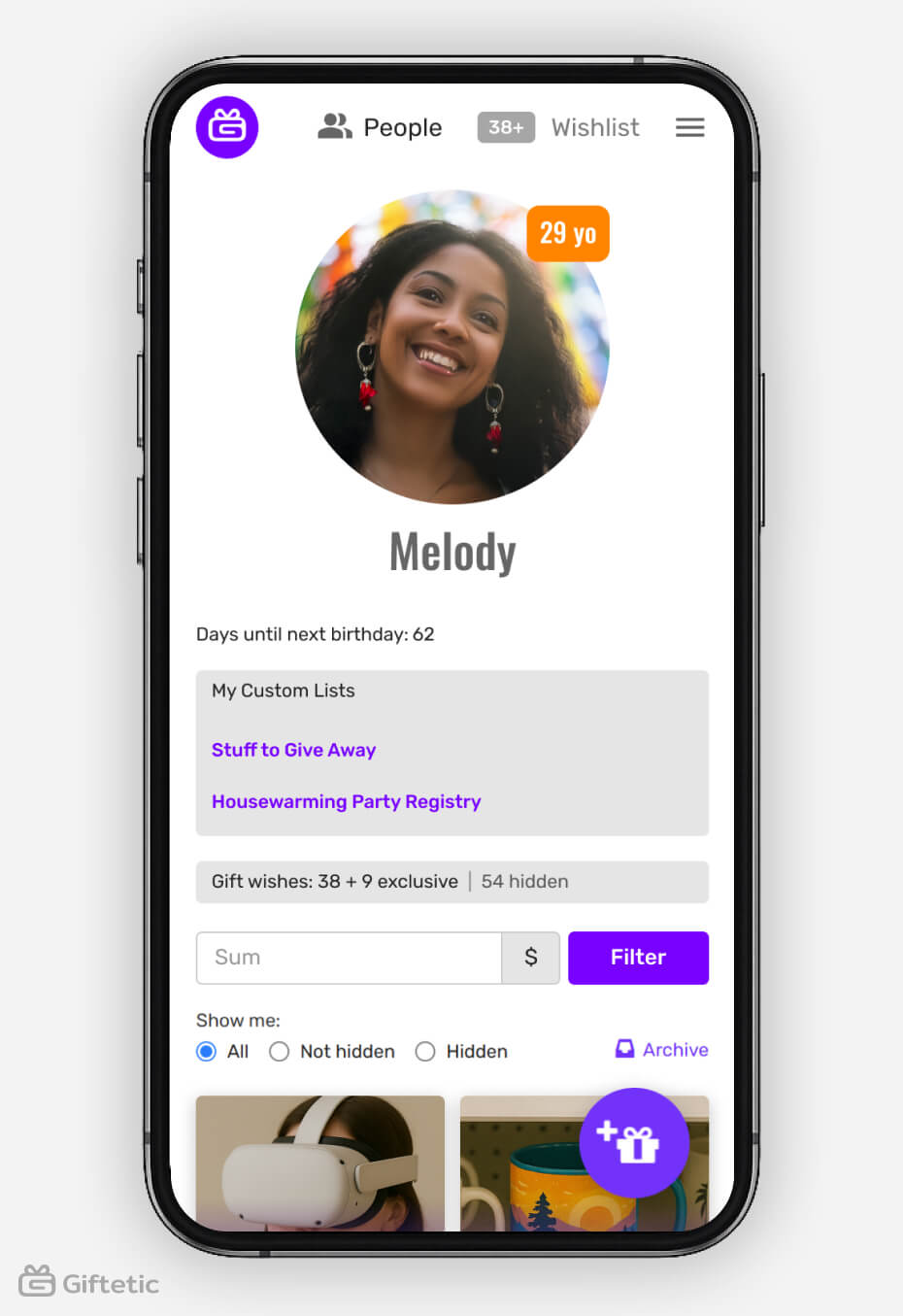 Screenshot of a user profile on Giftetic showing personalized wishlists, birthday countdown, gift filters, and exclusive hidden items — part of Giftetic’s smart wishlist management features.