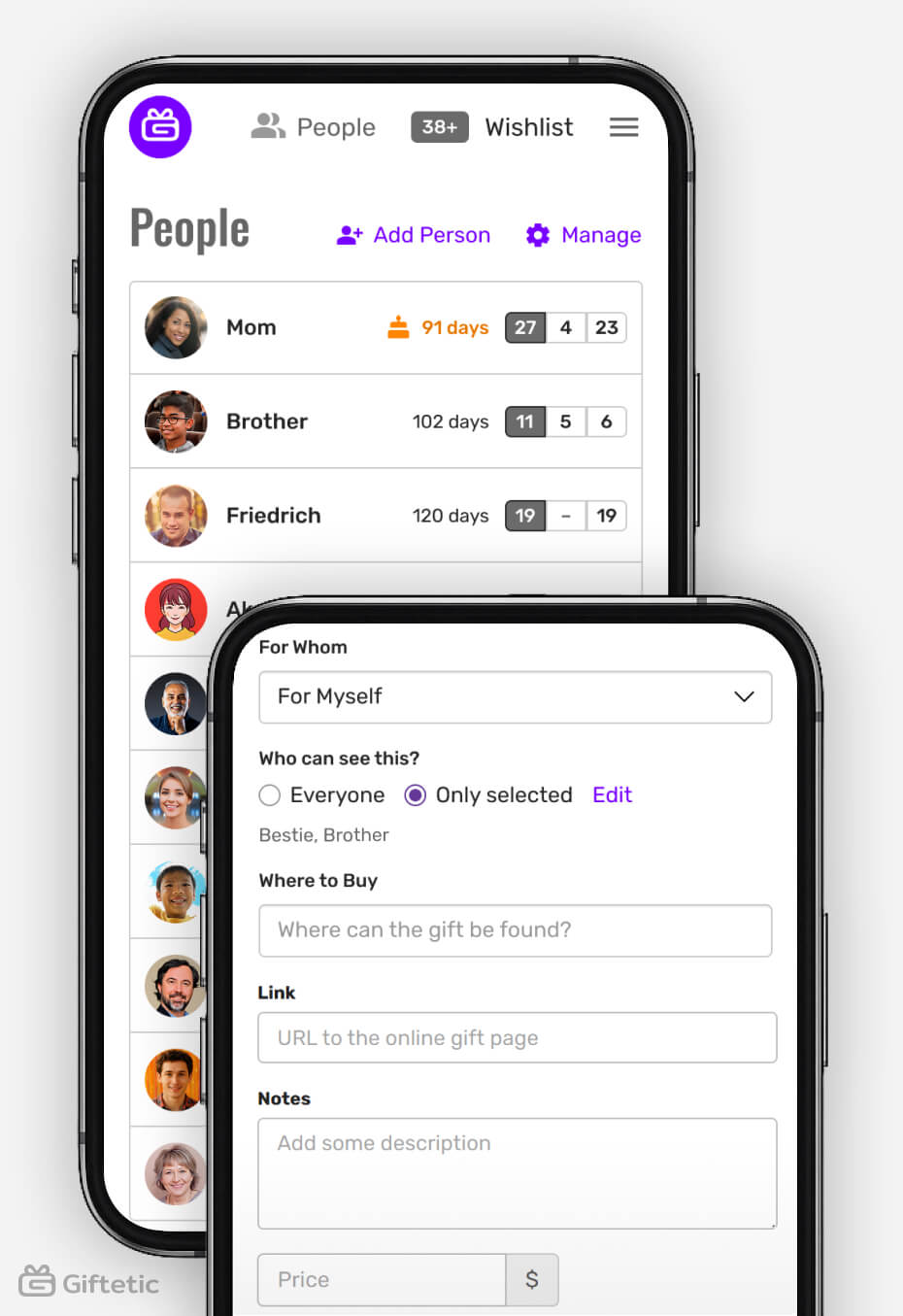 Giftetic mobile interface showing how users can manage people, track birthdays, and control wishlist sharing privacy — including selective visibility for specific contacts like family and friends.