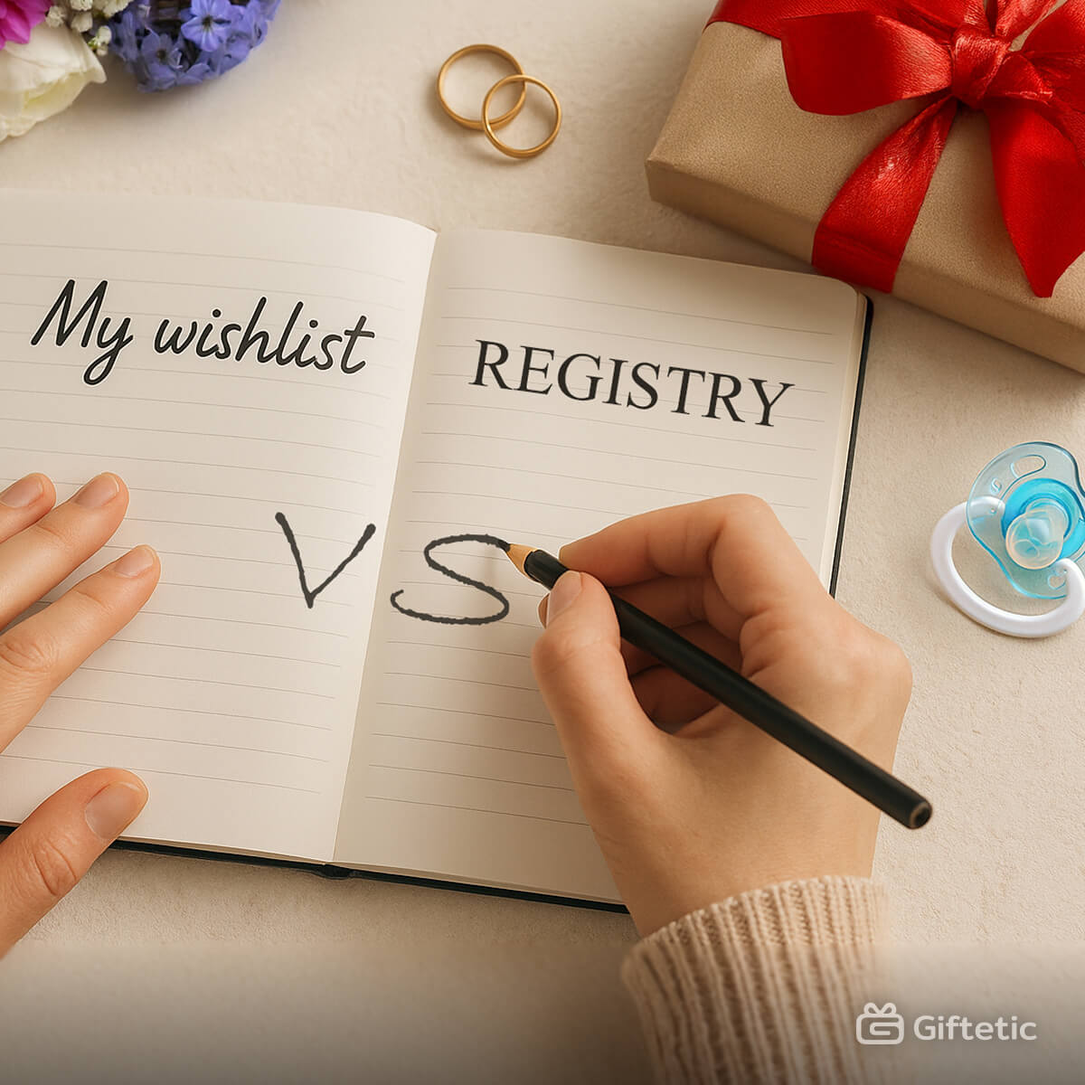 Open notebook showing handwritten 'My wishlist' on left page and typed 'REGISTRY' on right page with 'vs' written in between, symbolizing comparison between wishlist and gift registry. Gift box with red ribbon, wedding rings, flowers, and baby pacifier (representing baby shower gift registry) nearby, illustrating gift occasions. Image for Giftetic blog article on wishlist vs gift registry differences and usage.