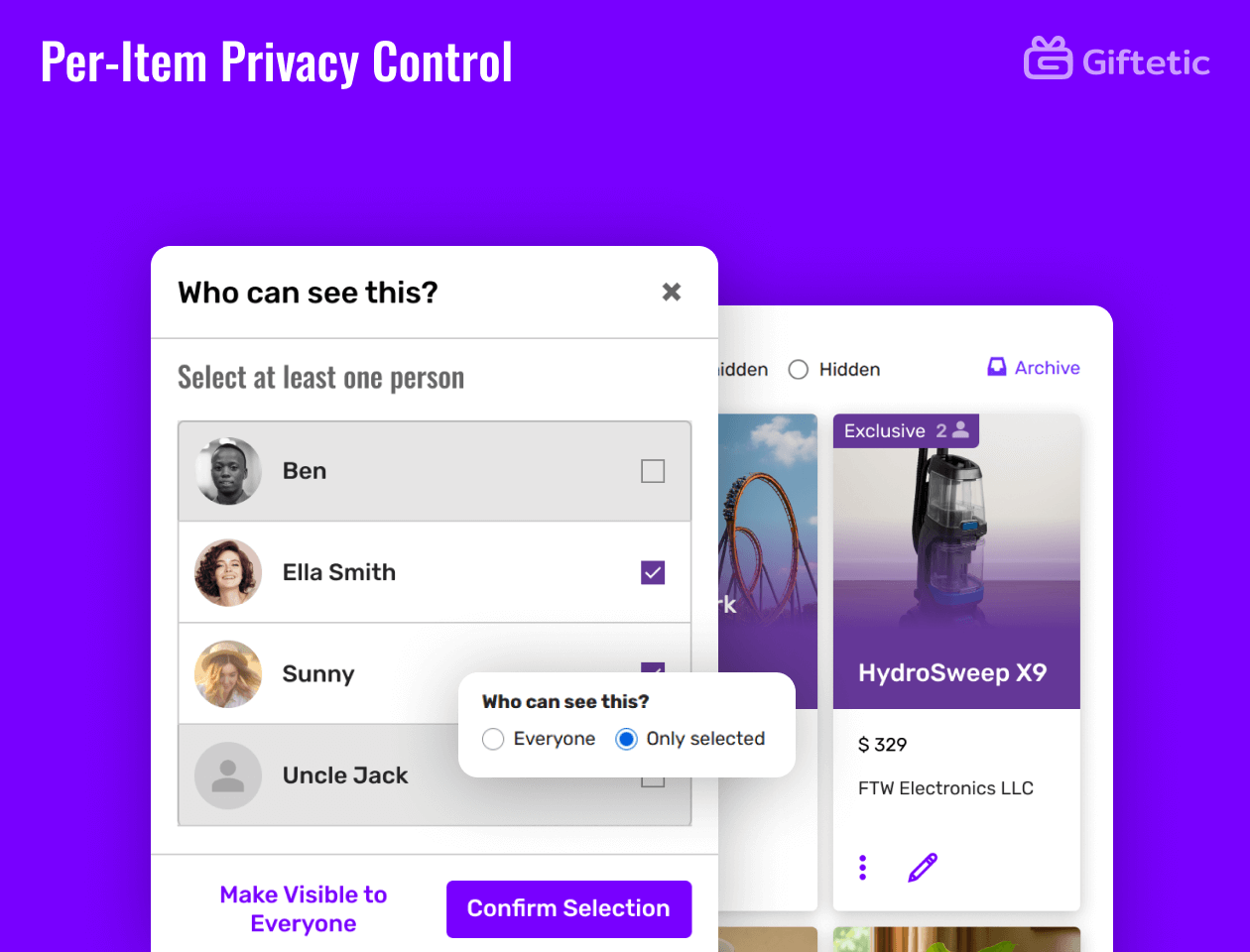 Per-Item Privacy Control feature of Giftetic